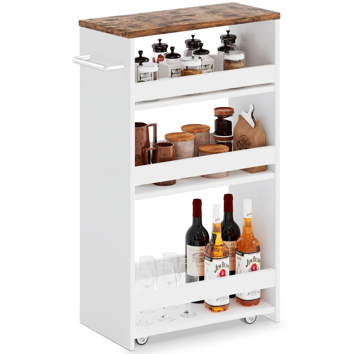 MARTY Slim Rolling Storage Cart 7.9" W Laundry Cart with Wheels,Brown+White