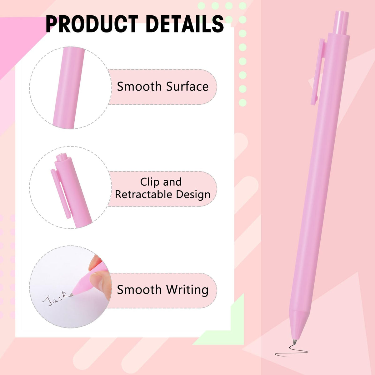 Fulmoon 50 Pcs Cute Pens Retractable 1.0mm, Light Pink Black Ink