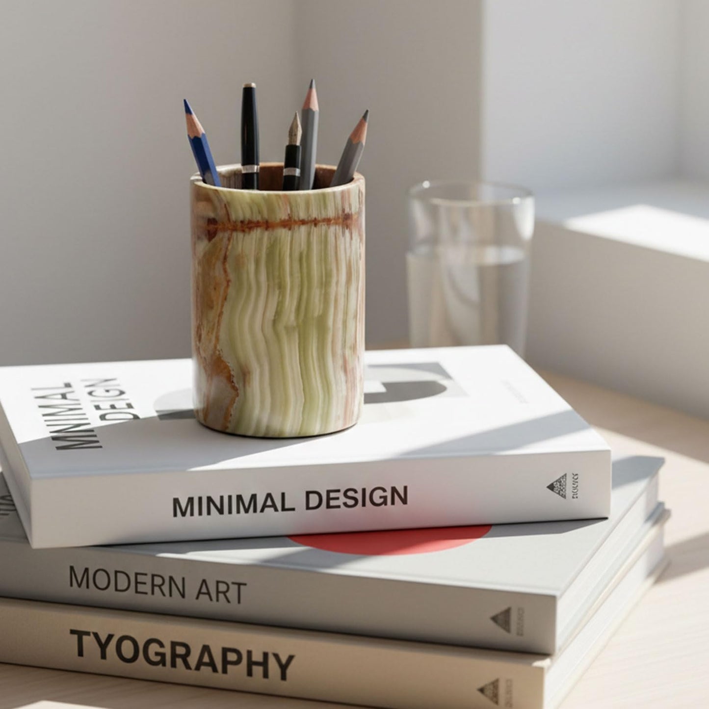 Radicaln Marble Pen Holder For Desk 4" Inches Green Onyx Handmade Marble Toothbrush Holder & Pen