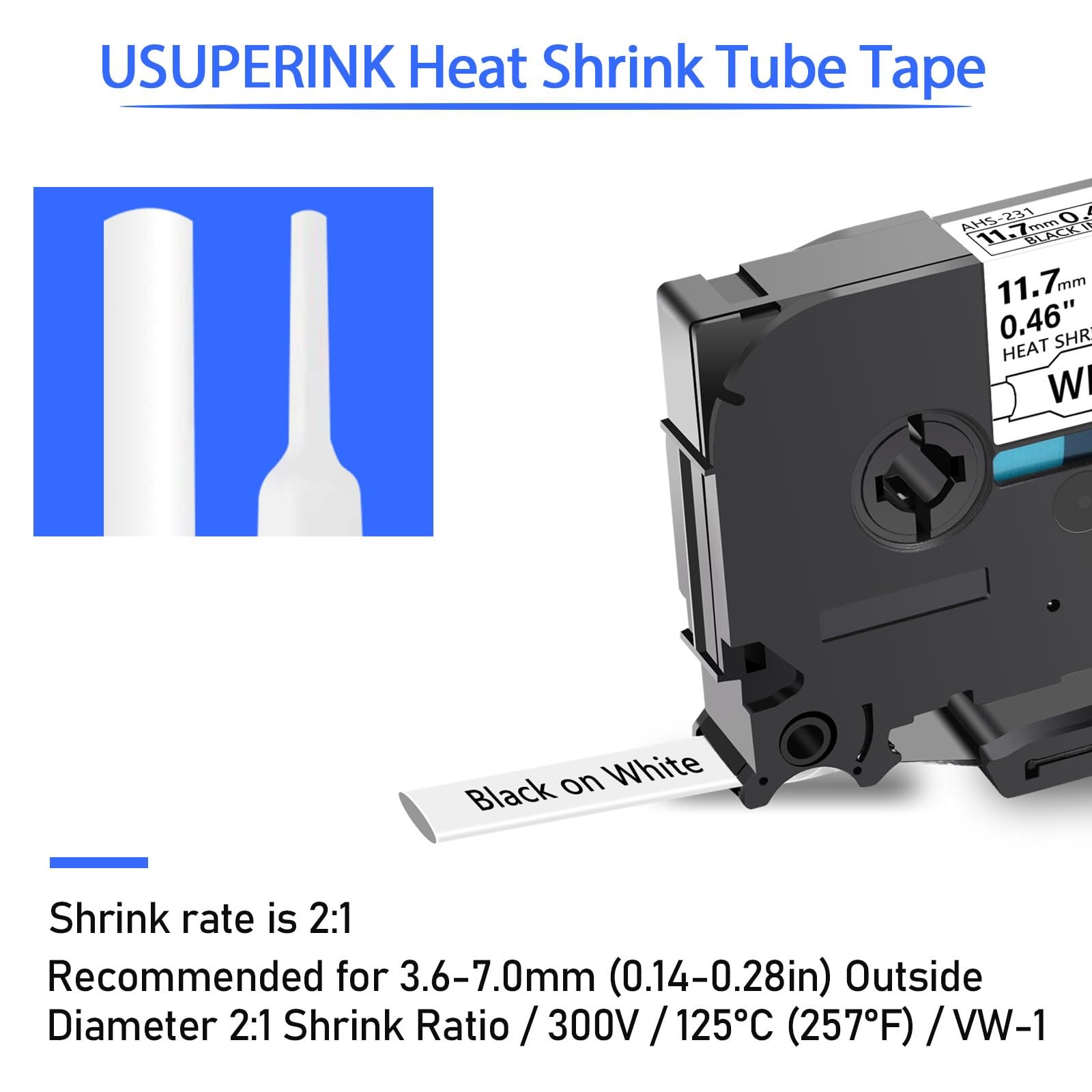 USUPERINK 2 Pack Compatible for Brother Ptouch HSe-231 HSe231 HS-231 HS231 0.46'' 11.7mm Black on