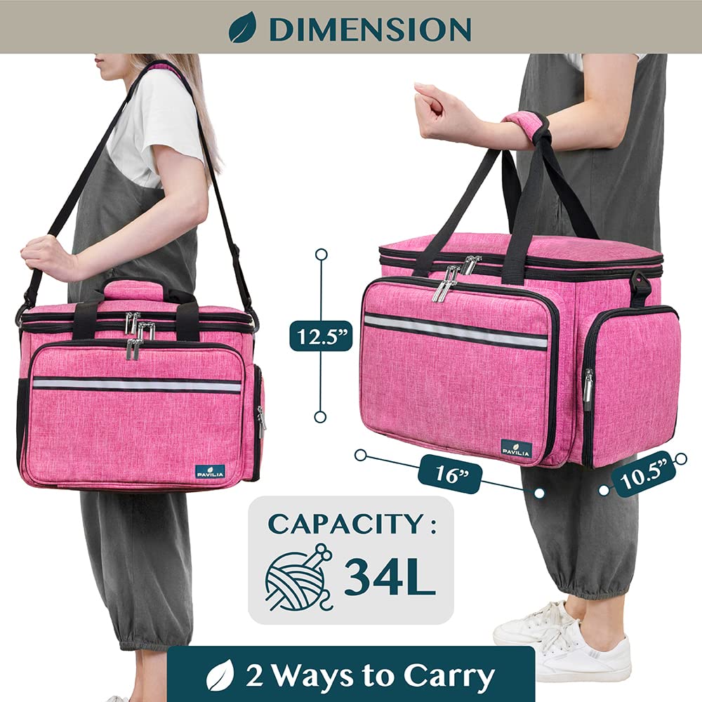PAVILIA Large Knitting Yarn Storage Bag Crochet Organizer for Knitter, Pink