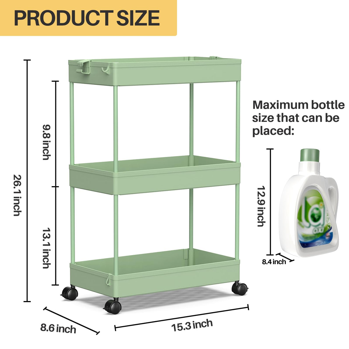 SPACEKEEPER 3 Tier Rolling Cart, Bathroom Cart Organizer with Wheels, Green