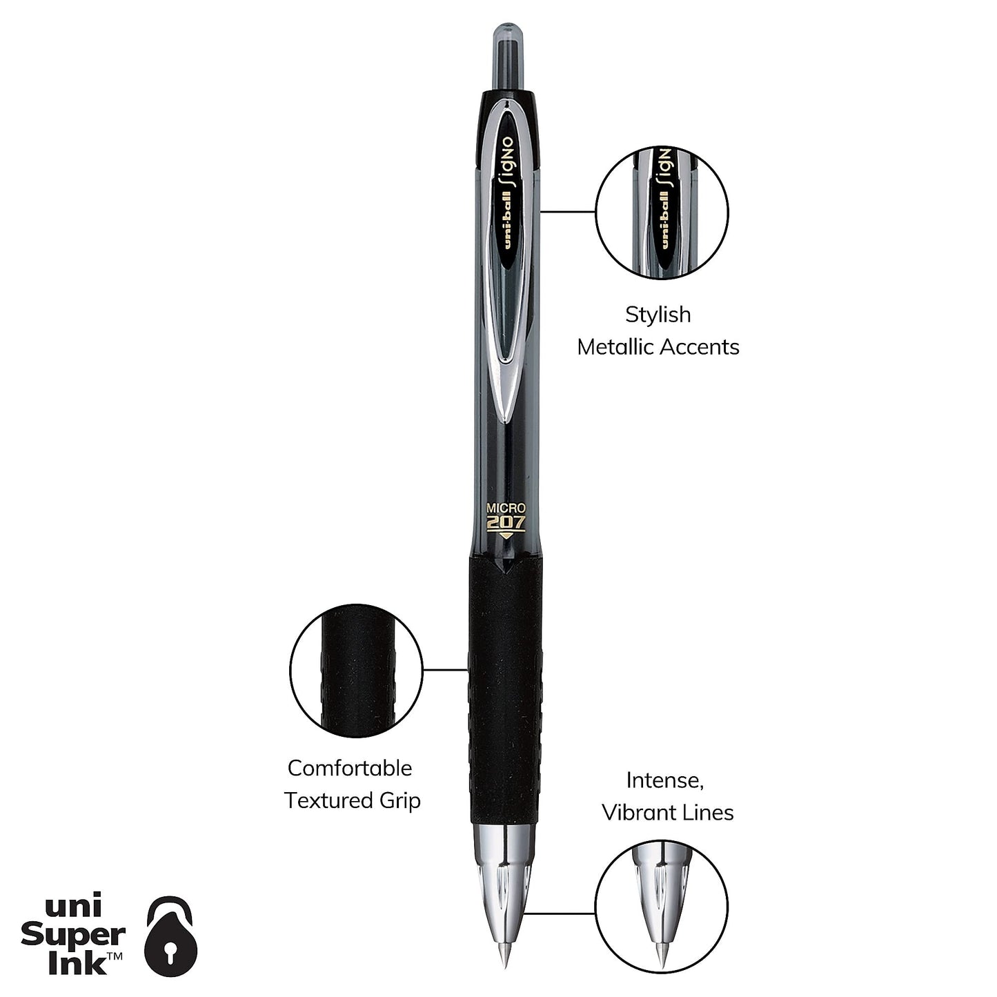 Uni-Ball Signo 207 Gel Pen 12 Pack, 0.5mm, Black, Writing Instrument