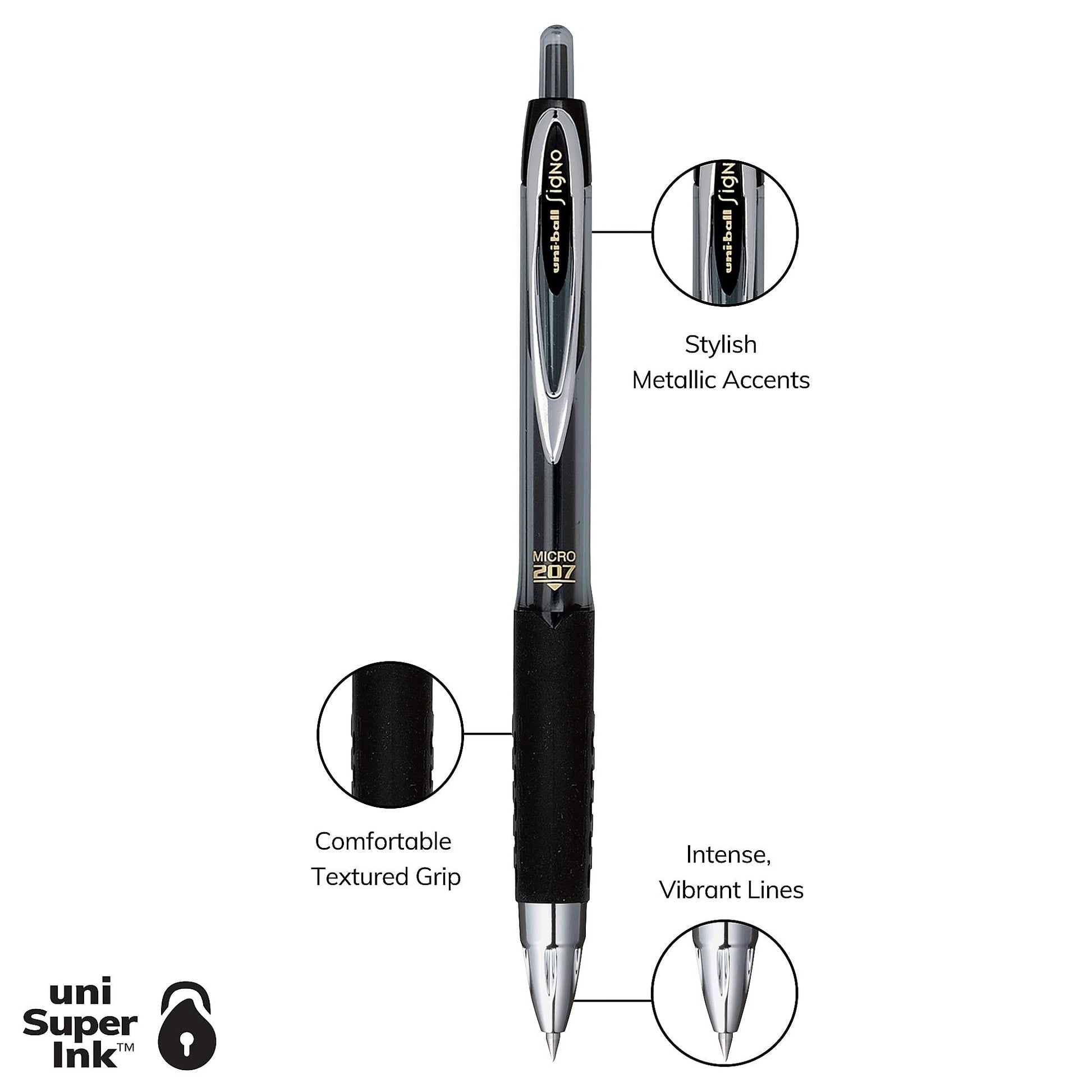 Uni-Ball Signo 207 Gel Pen 12 Pack, 0.5mm, Black, Writing Instrument