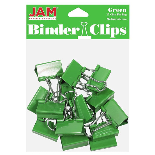 JAM PAPER Colorful Binder Clips - Medium - 1 1/4 Inch (32 mm) - Green Binderclips - 15/Pack