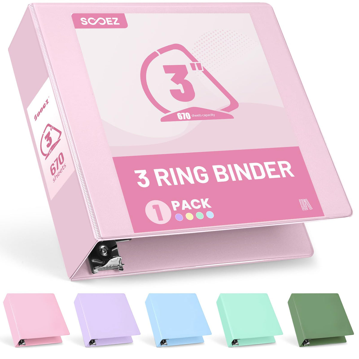 Sooez 3 Ring Binder 3 Inch, Large Binder with Pockets, Pink, Letter Size