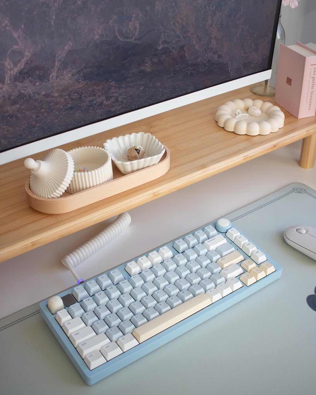 ROCDEER Bamboo Dual Monitor Stand Riser, Natural Desktop Shelf with Storage