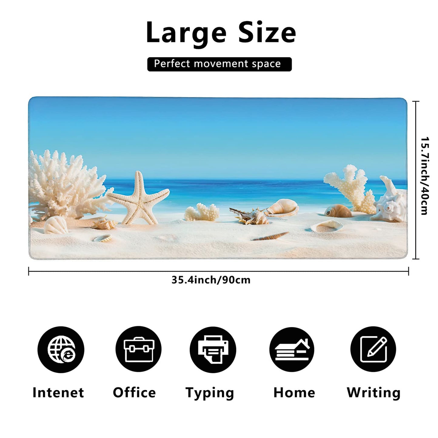 Seashells on Tropical Beach Extended Gaming Mouse Pad Large Desk Mat with Non-Slip Rubber Base and