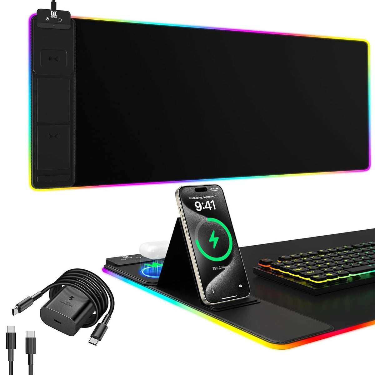 Wireless Charging RGB Mouse Pad with Phone Stand, Large Gaming Desk Mat (Black - 31.5x15.8 Phone