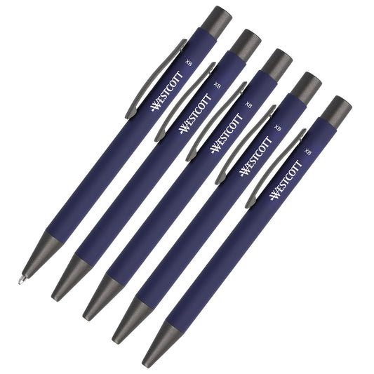 Westcott Premium Ballpoint Pen Set of 5 Blue Aluminium Ballpoint Pens Document Safe with Blue Ink