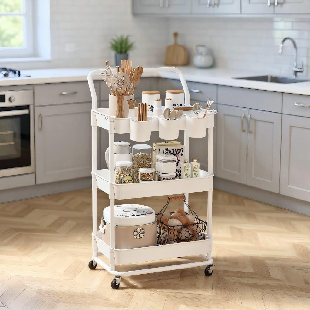 Buzowruil 3-Tier Rolling Utility Cart, Storage Cart with Handle Multi-Purpose and Locking