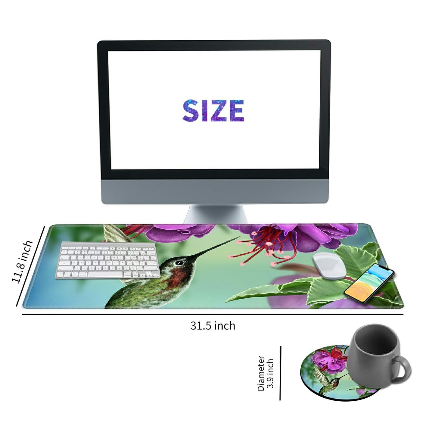 BEOTIWAD Large Mouse Pad with Cup Coaster, Hummingbird Flower