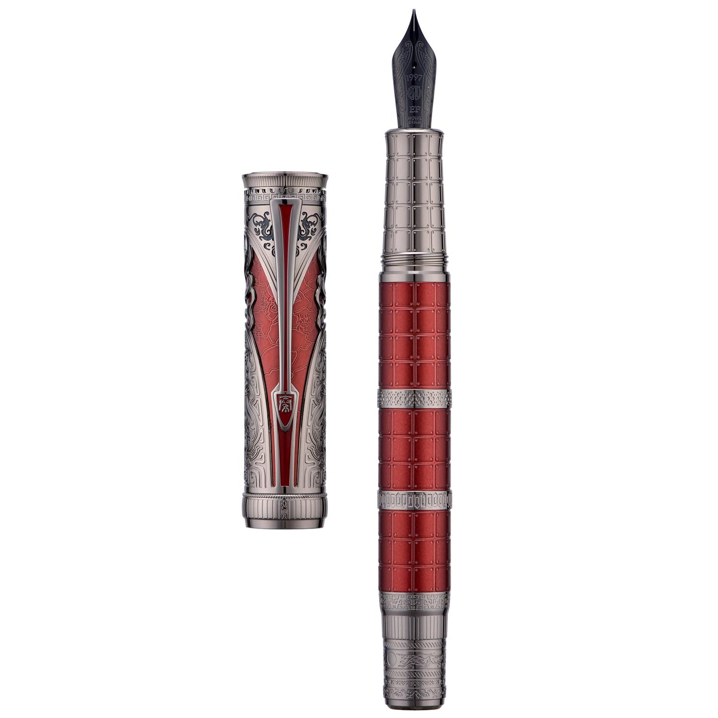 Hongdian D5X Fountain Pen Fine Nib Red Color, Qin Dynasty Retro Chinese Totem Engraving Smooth