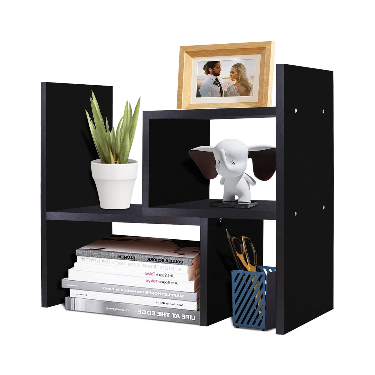 TY ARTS & CULTURE Expandable Black Wood Desktop Organizer-Desk Bookshelf