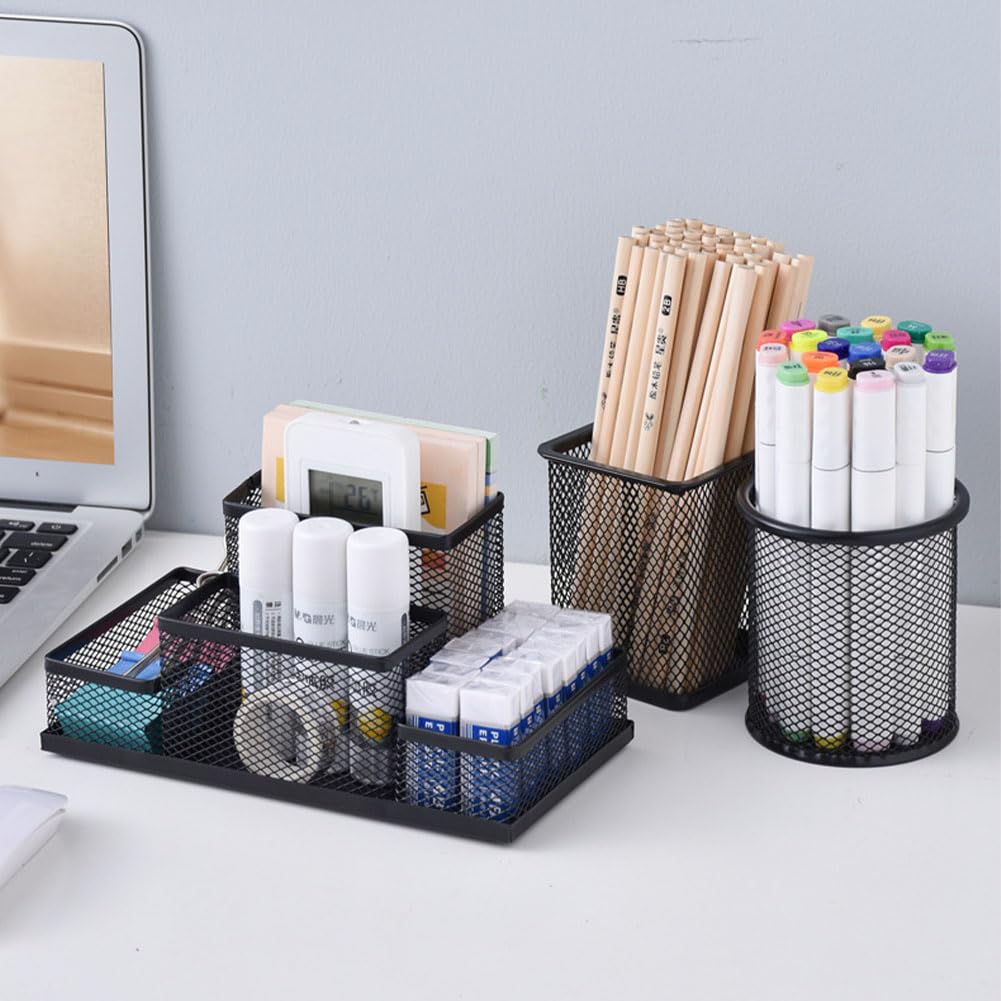 koofull 2 Packs Desk Organizer Desktop Mesh Pen Pencil Holder Caddy with 4 Compartments, Office