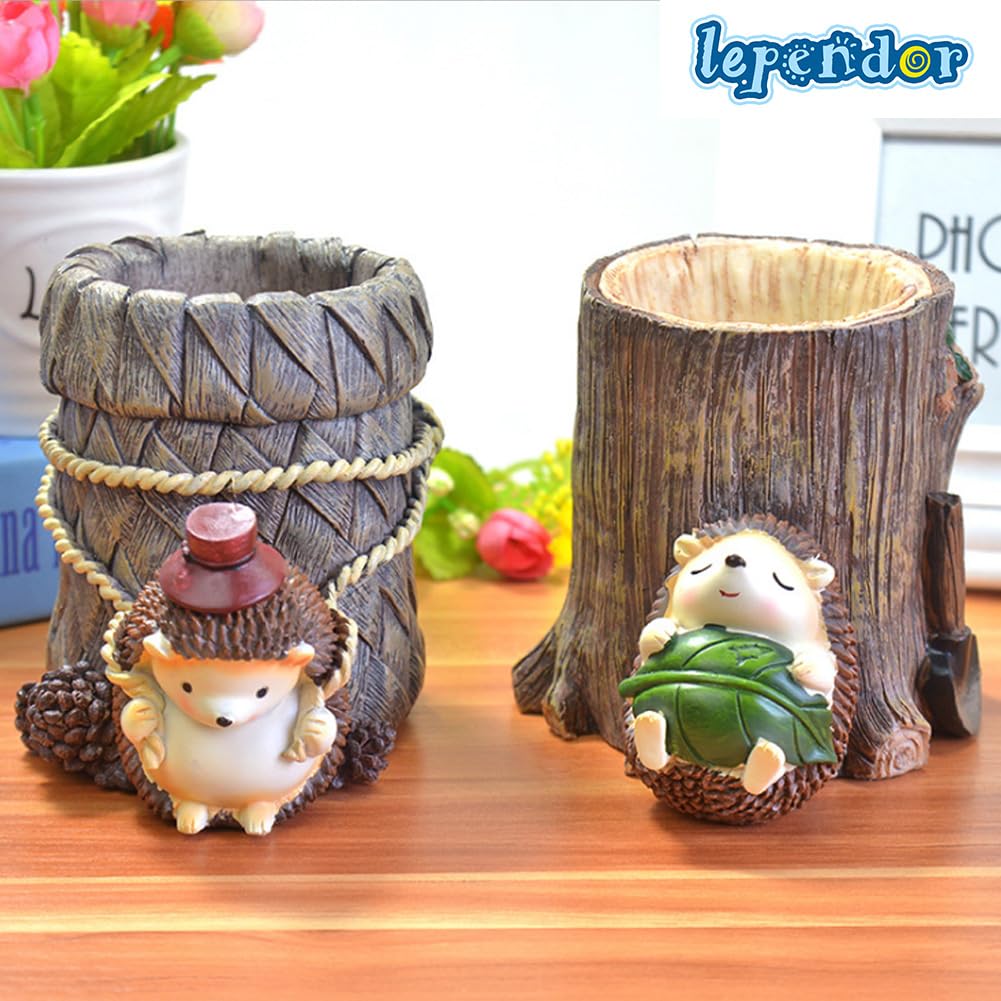 Lependor Cute Hedgehog Desk Pen Pencil Pot Holder, Toothbrush Holder, Resin Desktop Organizer