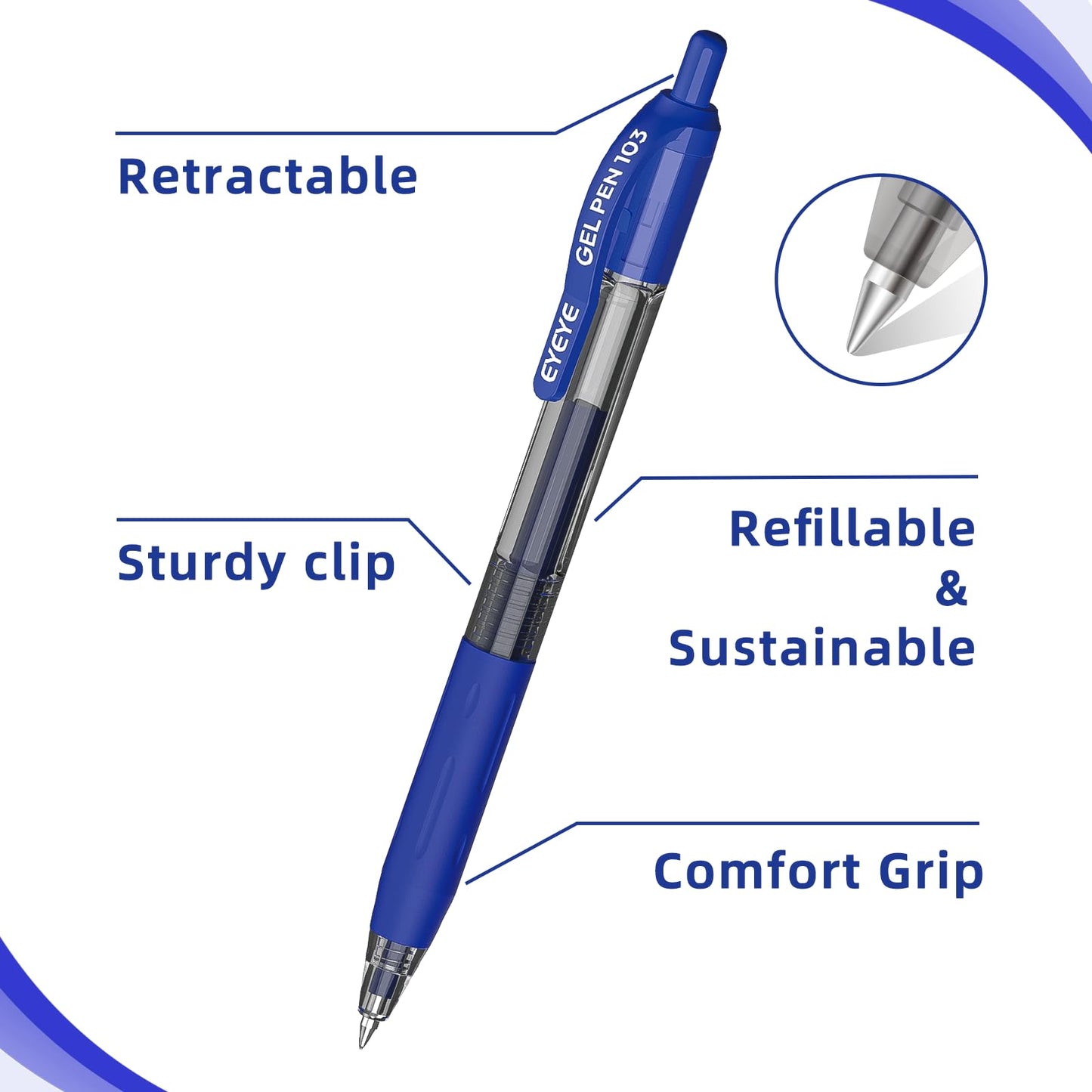 EYEYE G-103 Retractable Gel Pen 0.5mm, 50 Pack Extra Fine Point Blue Ink Pens Quick Drying