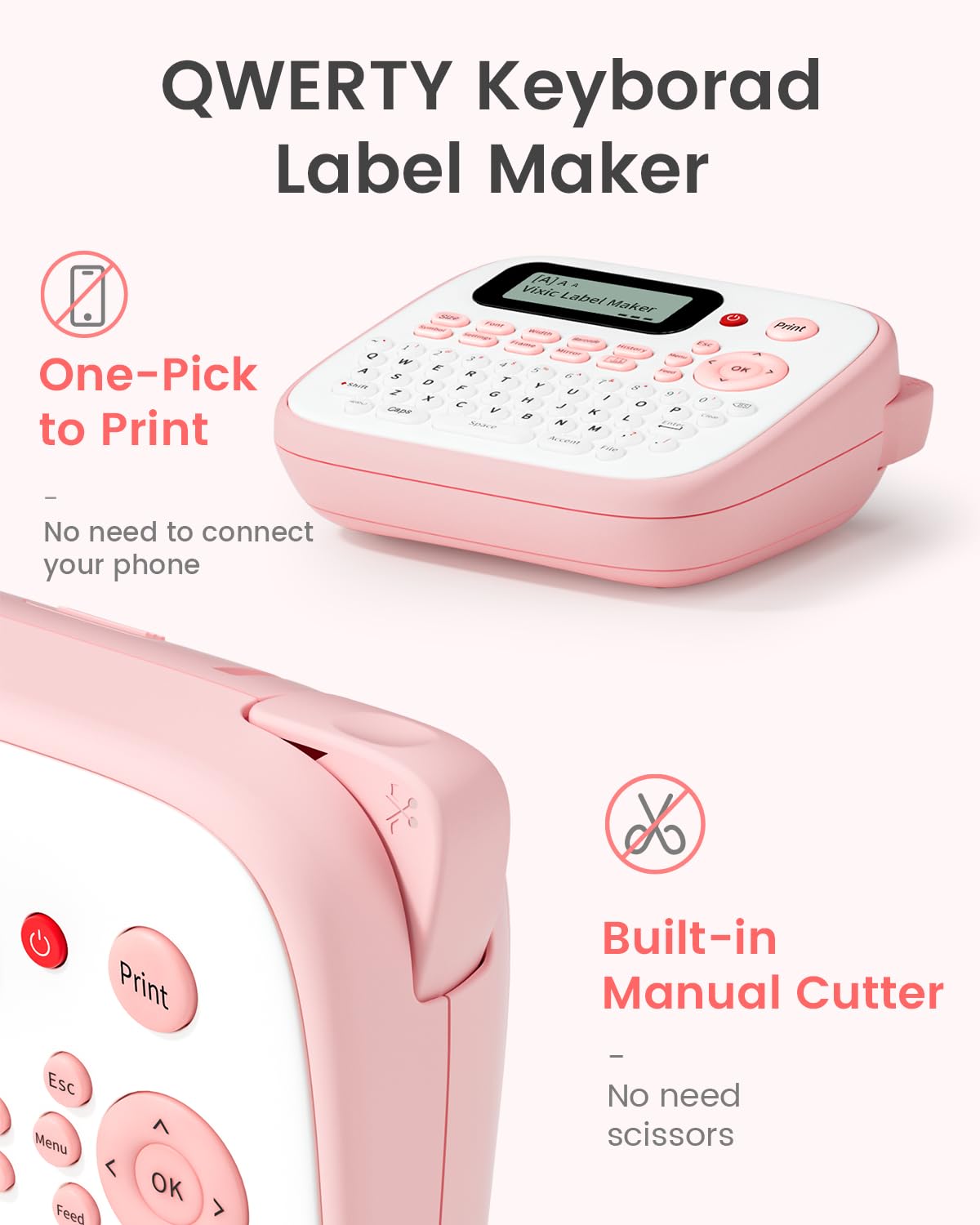 Vixic Pink Label Maker, D210S Label Maker Machine with Tapes Waterproof