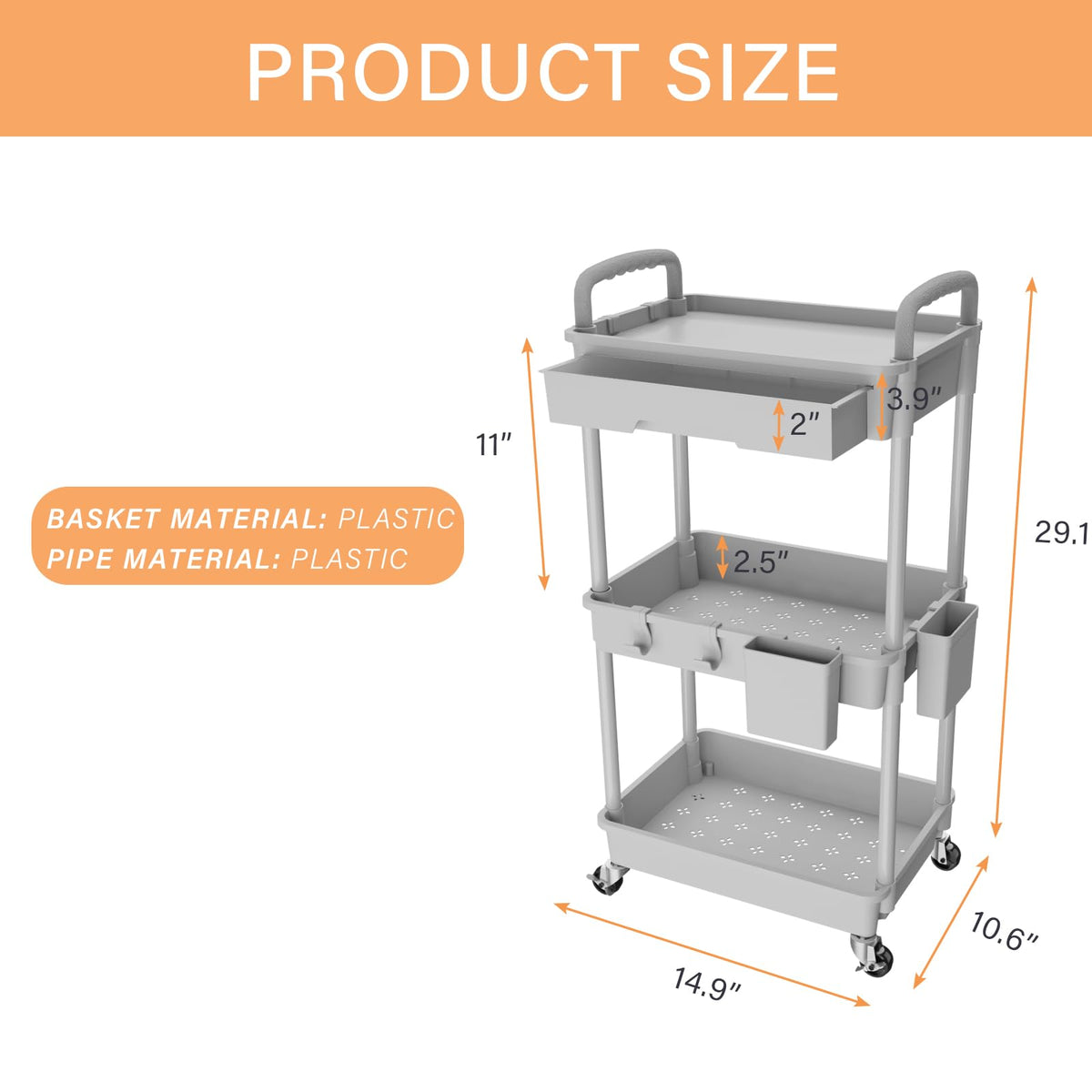 3 Tier Rolling Utility Cart with Drawer,REBECAT Utility Cart Made of Multifunctional Storage