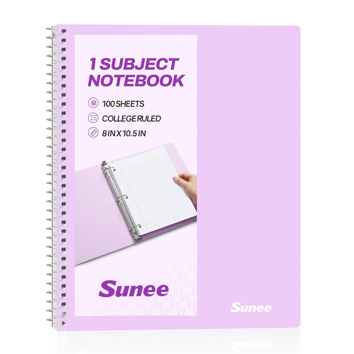 SUNEE Spiral Notebook, 1-Subject, College Ruled Paper, 8" x 10-1/2", 100 Sheets per Notebook