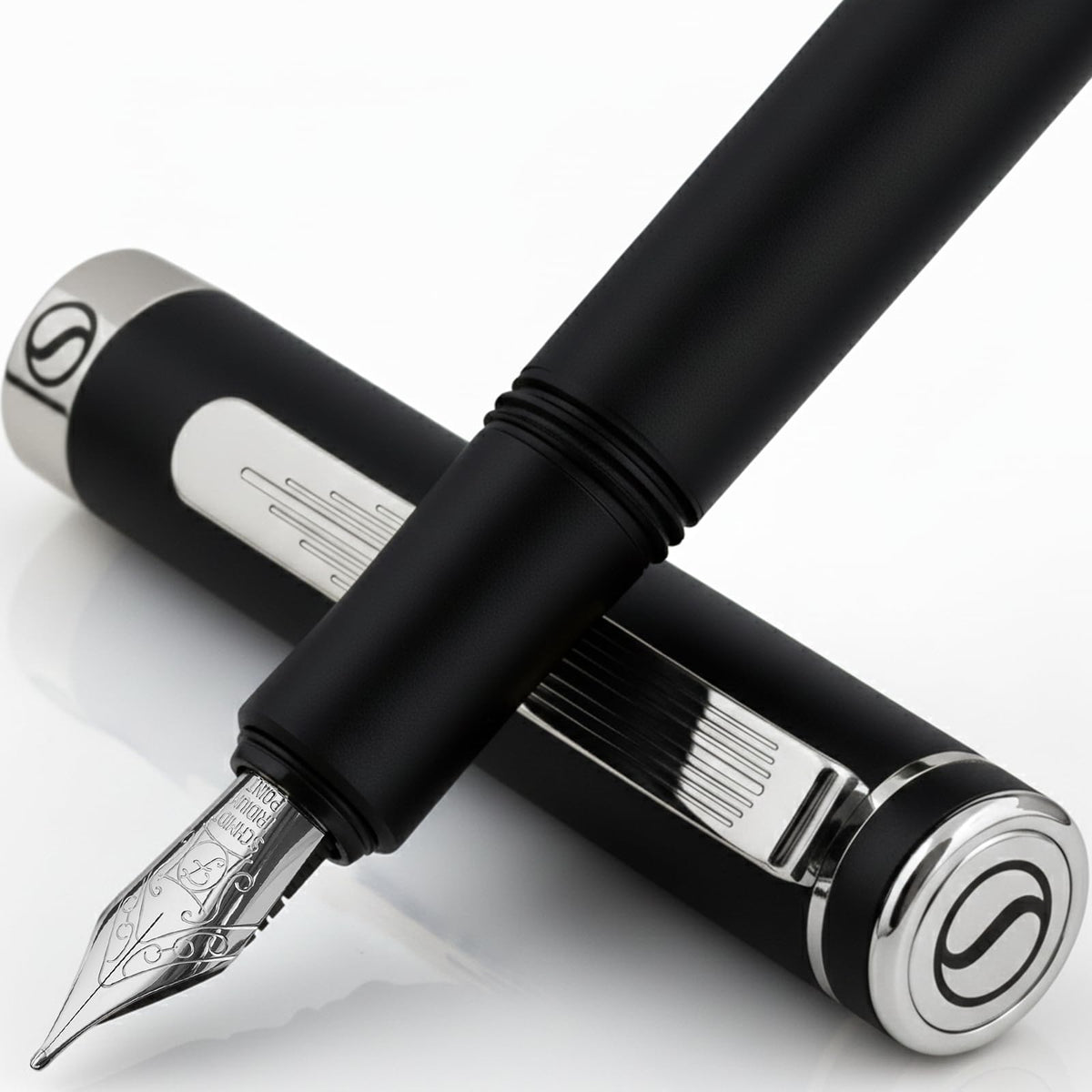 Scriveiner Luxury EDC Fountain Pen (Fine), Stunning Matt Black Pocket Pen, Chrome Finish, Schmidt