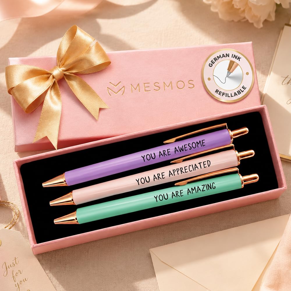 MESMOS 3Pk Fancy Pens for Women, Refillable Ballpoint Pen Set with Pastel Gift Box, Thank You Gift