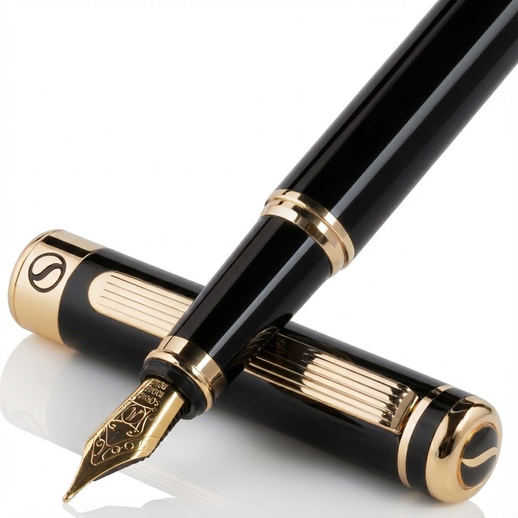 Scriveiner Luxury Fountain Pen - Stunning Black Lacquer Pen, Real Gold Finish, Schmidt Gilded Nib