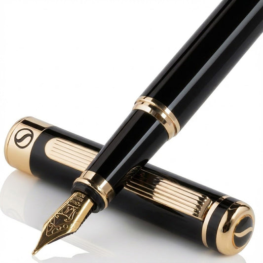 Scriveiner Luxury Fountain Pen - Stunning Black Lacquer Pen, Real Gold Finish, Schmidt Gilded Nib