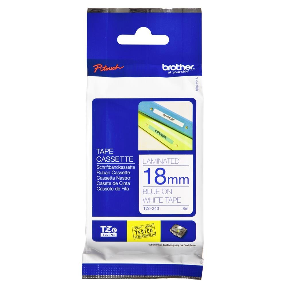 Brother TZe-243 Labelling Tape Cassette, Blue on White, 18 mm (W) x 8 m (L), Laminated, Brother