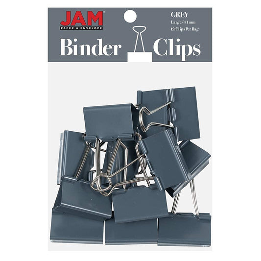 JAM PAPER Colorful Binder Clips - Large - 1 1/2 Inch (41 mm) - Grey Binderclips - 12/Pack