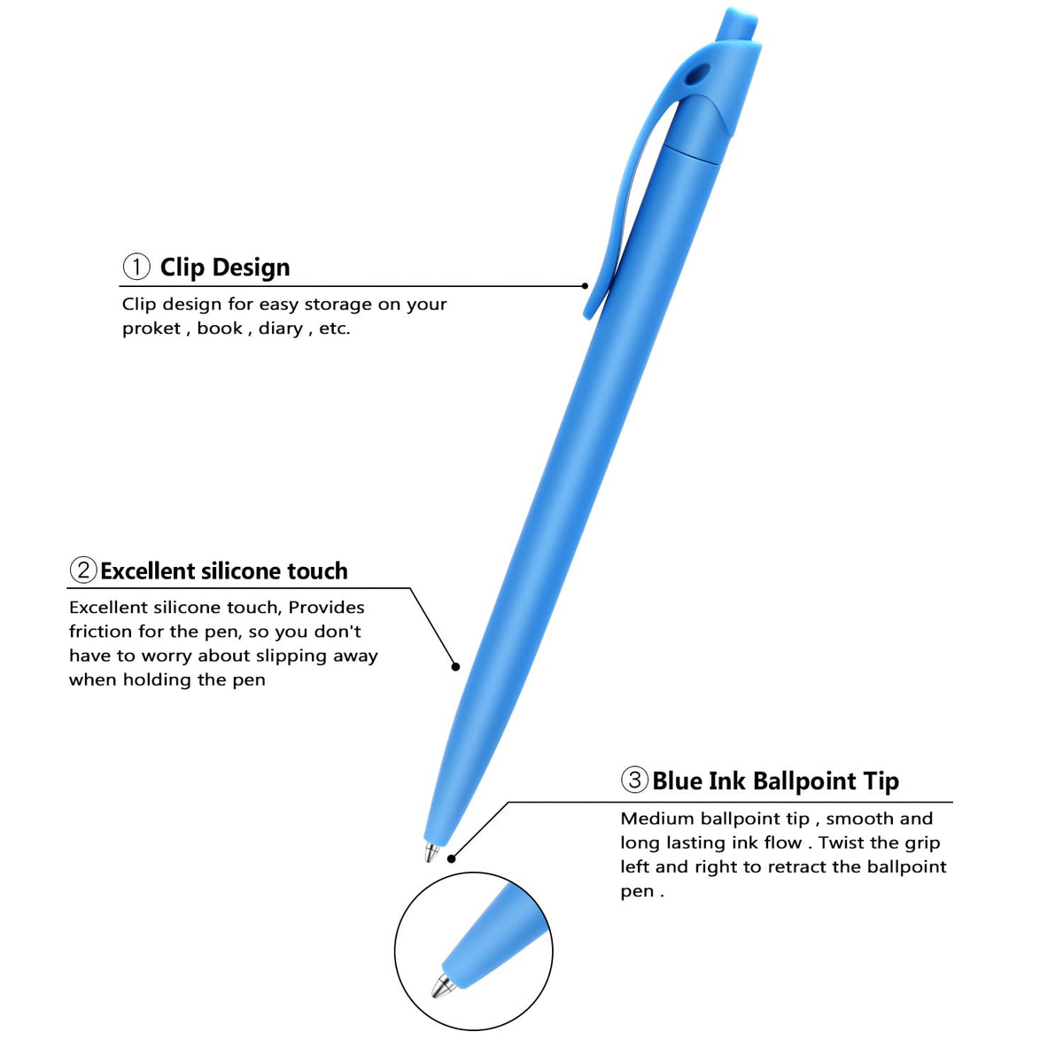 Aozora Blue Click Pens, 80 Pack, Retractable Ballpoint Pens, Medium Point, Smooth Ink, Perfect for