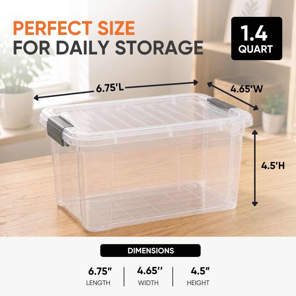 Superio 1.4 Quart Mini Clear Plastic Storage Container with Lid, Stackable Small Organizer Box for