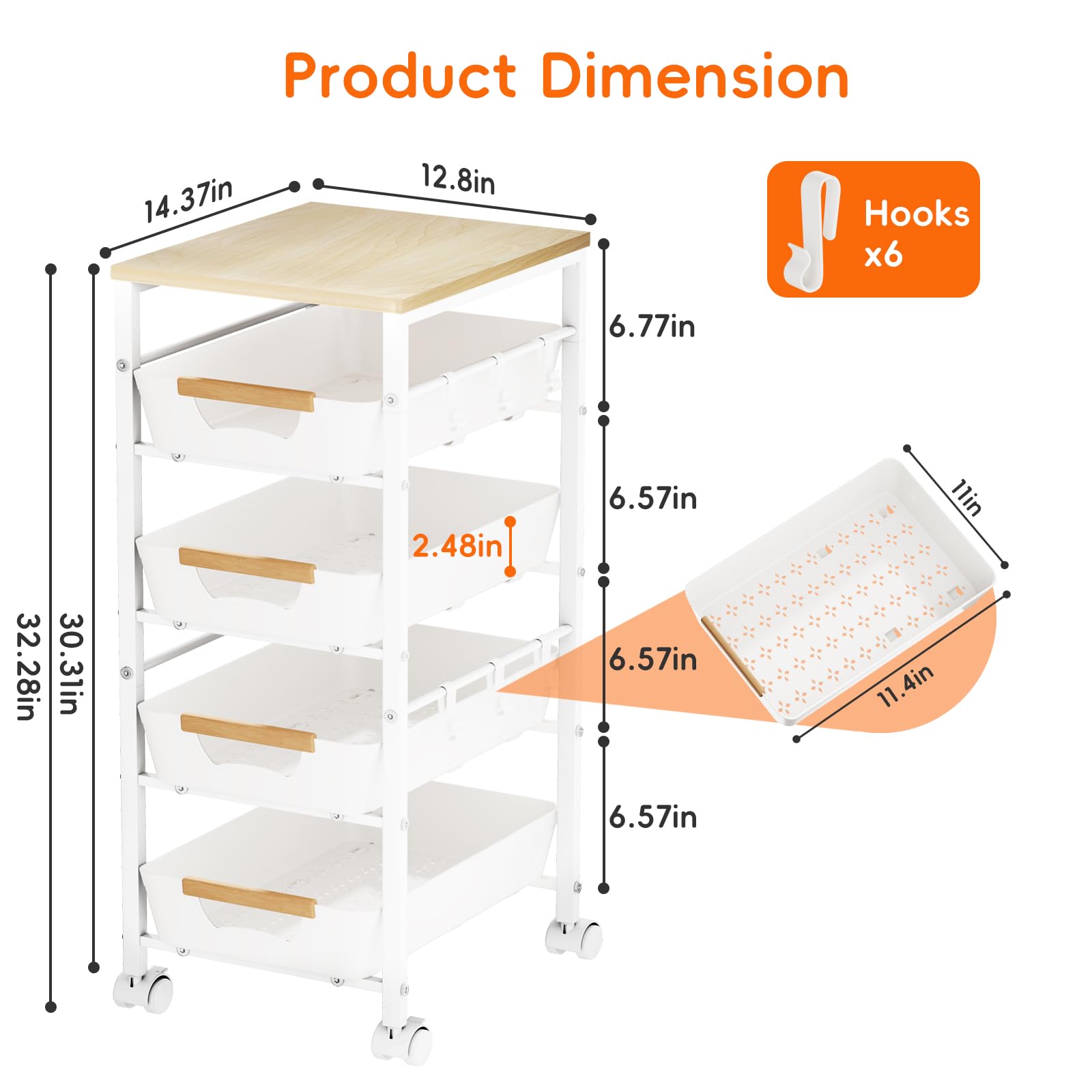 Landmok 5-Tier Kitchen Storage Cart, Wood Top Rolling Cart Organizer with Pull-Out Baskets &