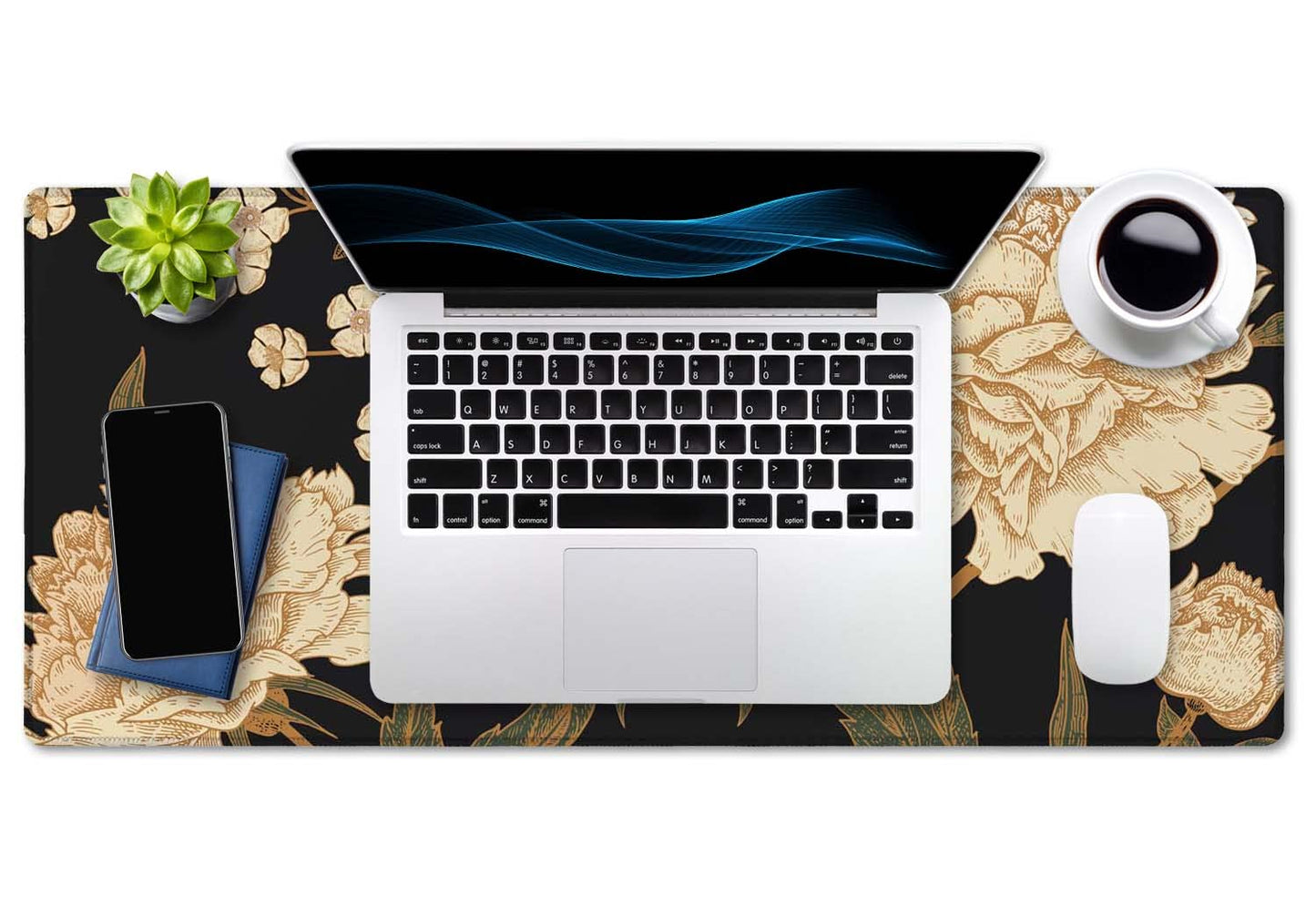 SSOIU White Peony Desk Pad, Beige Desk Protector, Green Desk Blotter, Floral Keyboard Mat, Extended