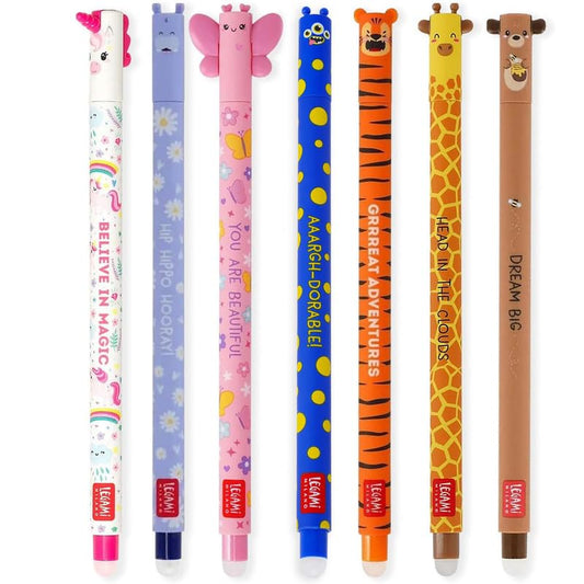 LEGAMI - Set of 7 Erasable Gel Pens with Thermosensitive Erase Ink, Range of ink colours & barrel
