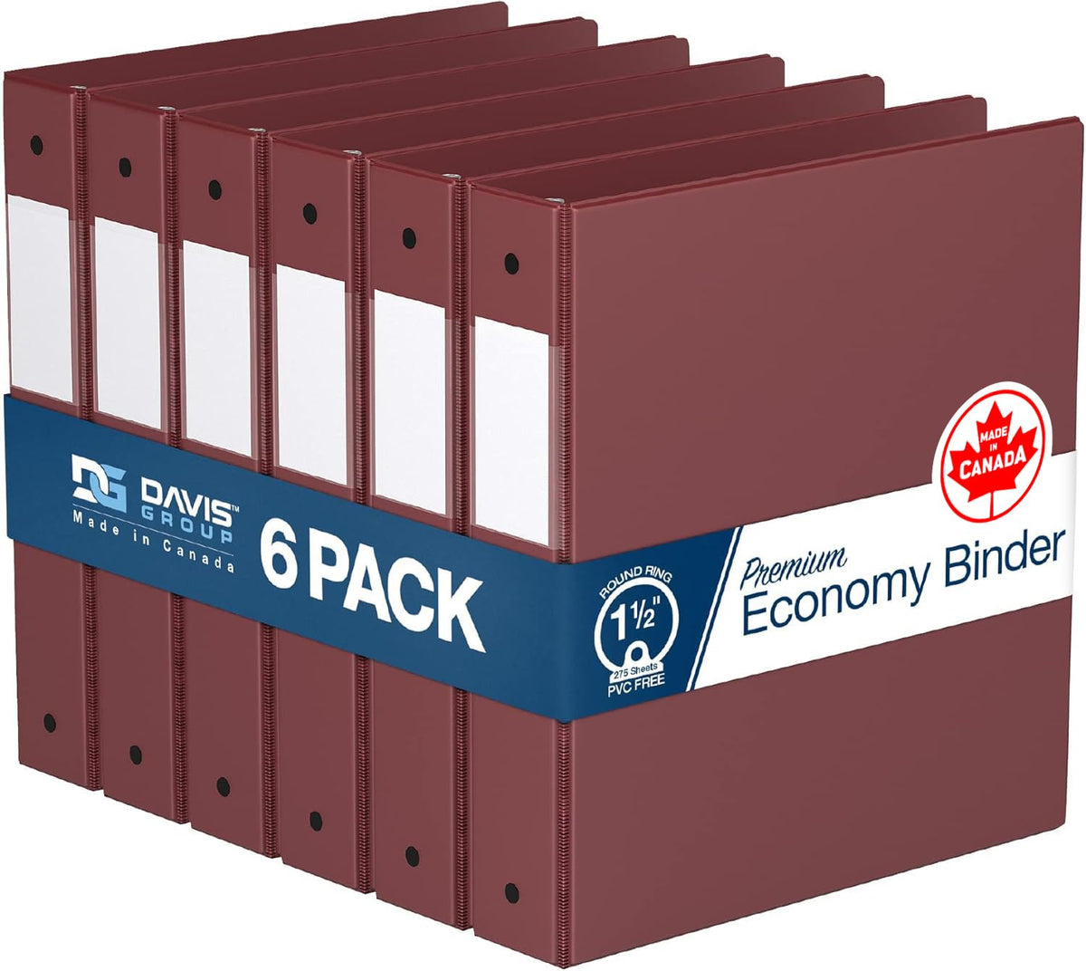 Premium Economy 3-Ring Binder, Spine Label, 1.5" Round Rings, Burgundy, 6Pk
