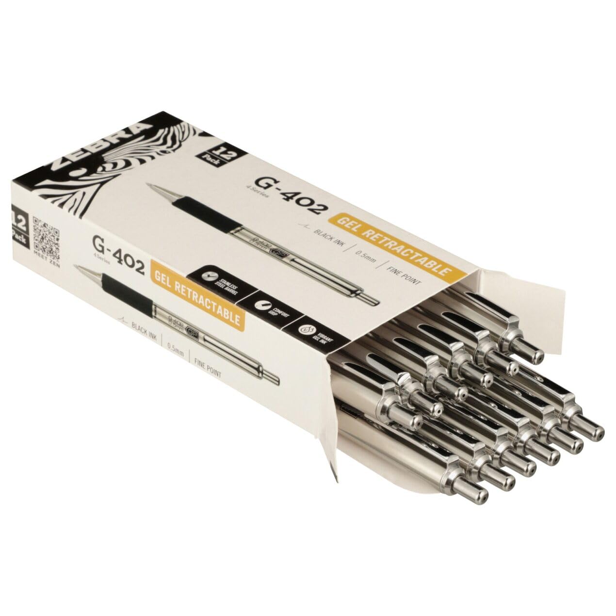 Zebra Pen STEEL G-402 Retractable Gel Pen, Black Ink, 0.5mm, 12-Pack