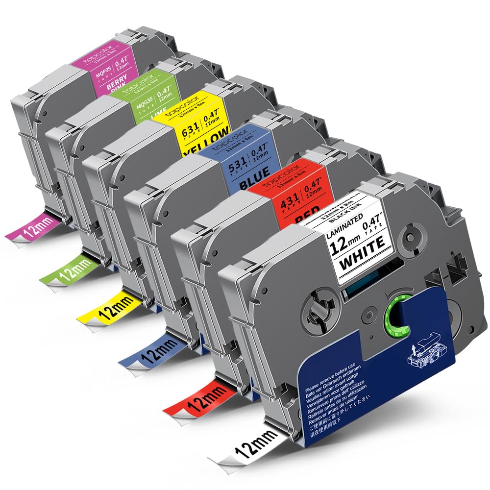 6-Pack Tze 12mm 0.47" Multi-Color Compatible for Brother 12mm Label Tape