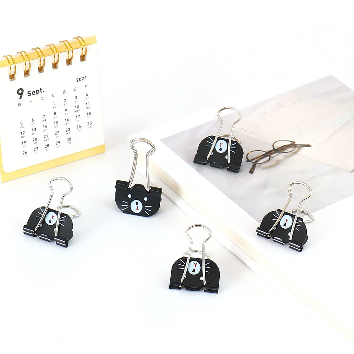 Cute Cat Metal Binder Clips 20Pcs Black Medium Paper Clamps for School Home Desk Organizers Office