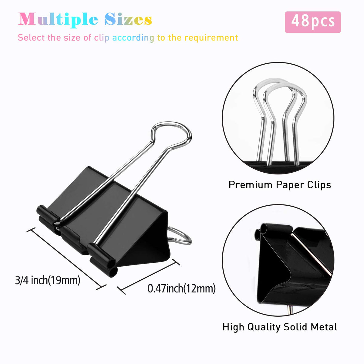 Small Binder Clips, 48 Pack, 3/4 Inch, Standard 19mm, Black, Capacity 0.31 Inch, Mini Paper Clips