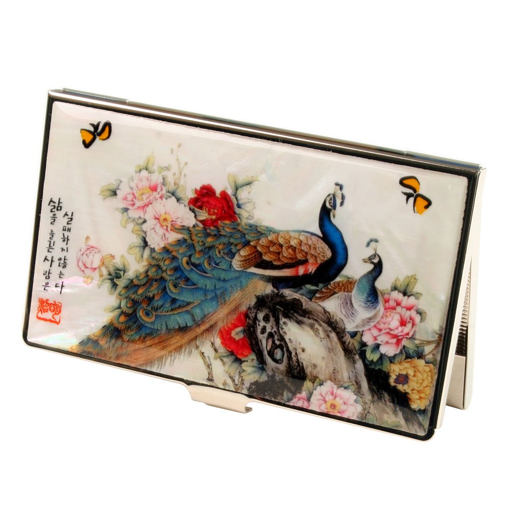 Antique Alive Mother of Pearl Peacock Pair Butterfly Peony Flower RFID Blocking Protection Business