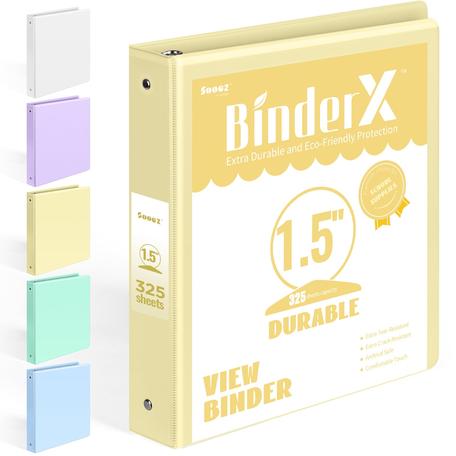 BinderX 3 Ring Binder 1.5 Inch, 1.5" Clear View Binder, Yellow, Letter Size