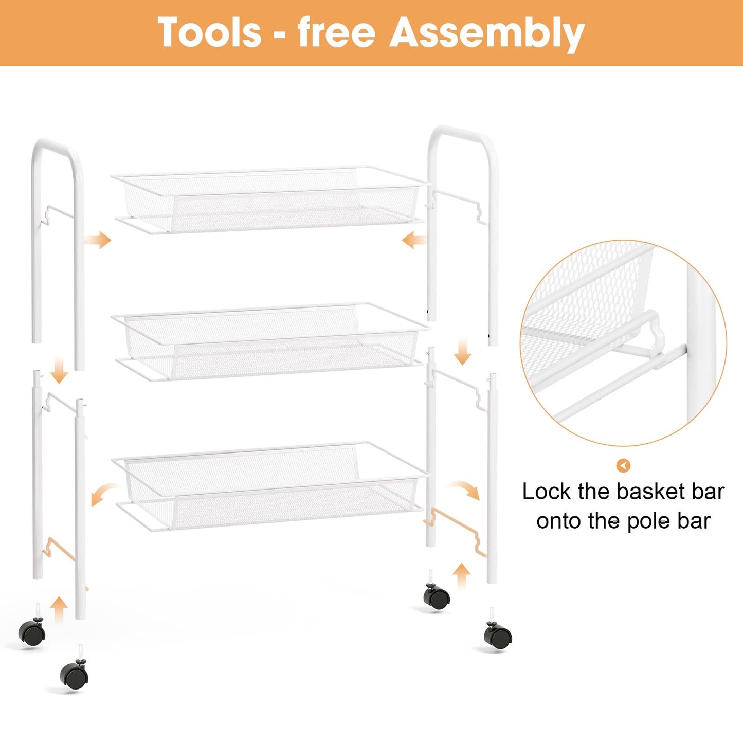 TOOLF 3 Tier Rolling Cart, Metal Utility Storage Cart with Wheels, White