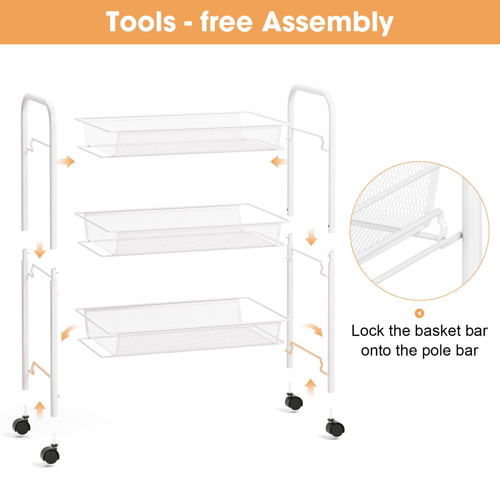 TOOLF 3 Tier Rolling Cart, Metal Utility Storage Cart with Wheels, White