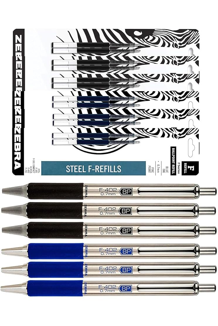 Zebra F-402 Ballpoint Stainless Steel Retractable Pens With Refills, Fine Point, 0.7mm, Black/Blue