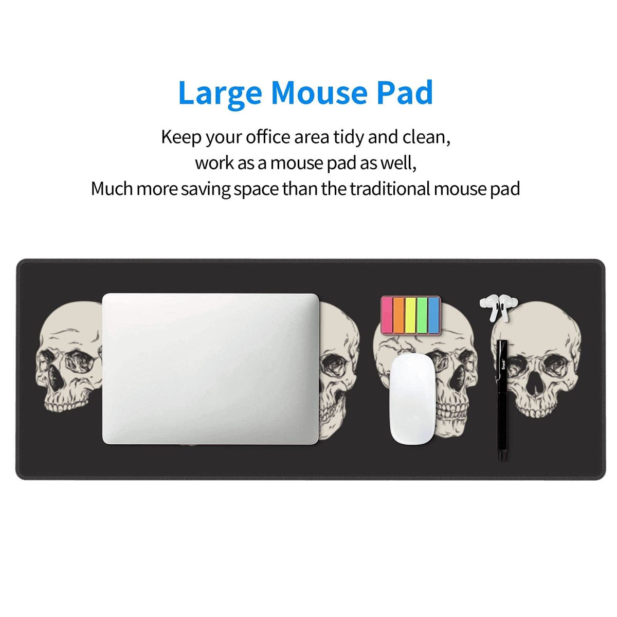 Human Skull Gaming Mouse Pad Non Slip XL Large Mousepad Stitched Edge Rubber Base Desk Mat for
