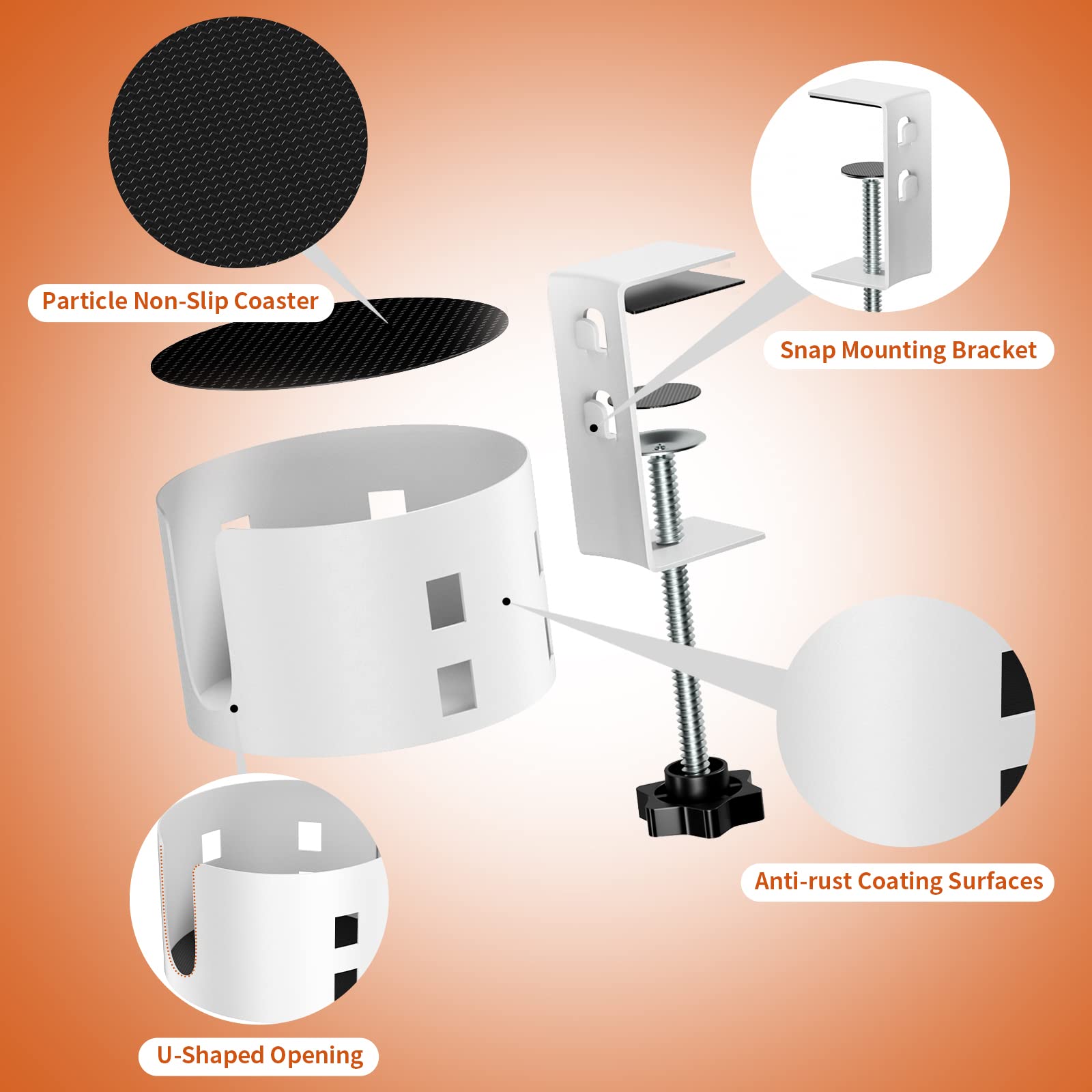 OOKUU Anti-Spill Large Desk Cup Holder Clamp, Metal Table Cup Holder(White)