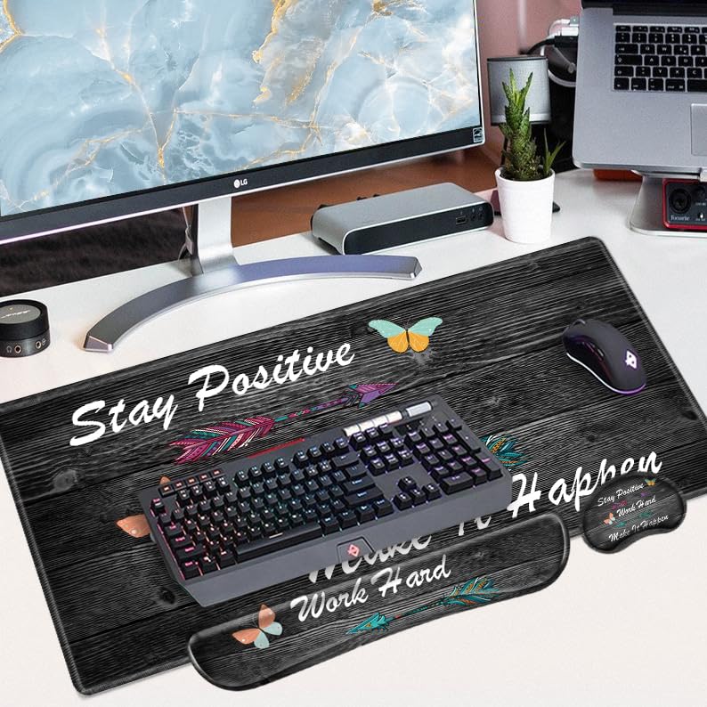 Stay Positive Mouse Pad and Keyboard Wrist Rest Inspirational Desk Mat Set Gaming Mousepad with
