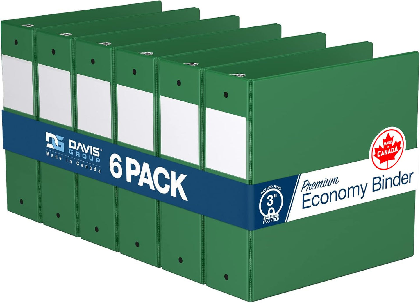 Premium Economy 3-Ring Binder, Spine Label, 3" Round Rings, Green, 6 Pack