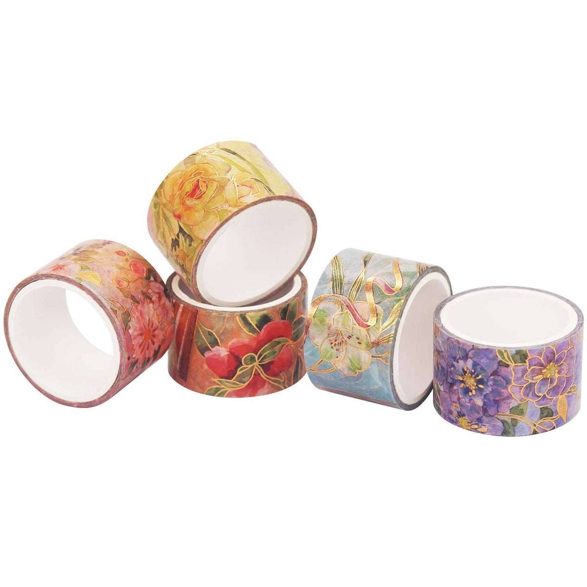 YUBBAEX Blooming Washi Tape Set Gold Foil Masking Tape Peony Wide Decorative for Arts, DIY Crafts